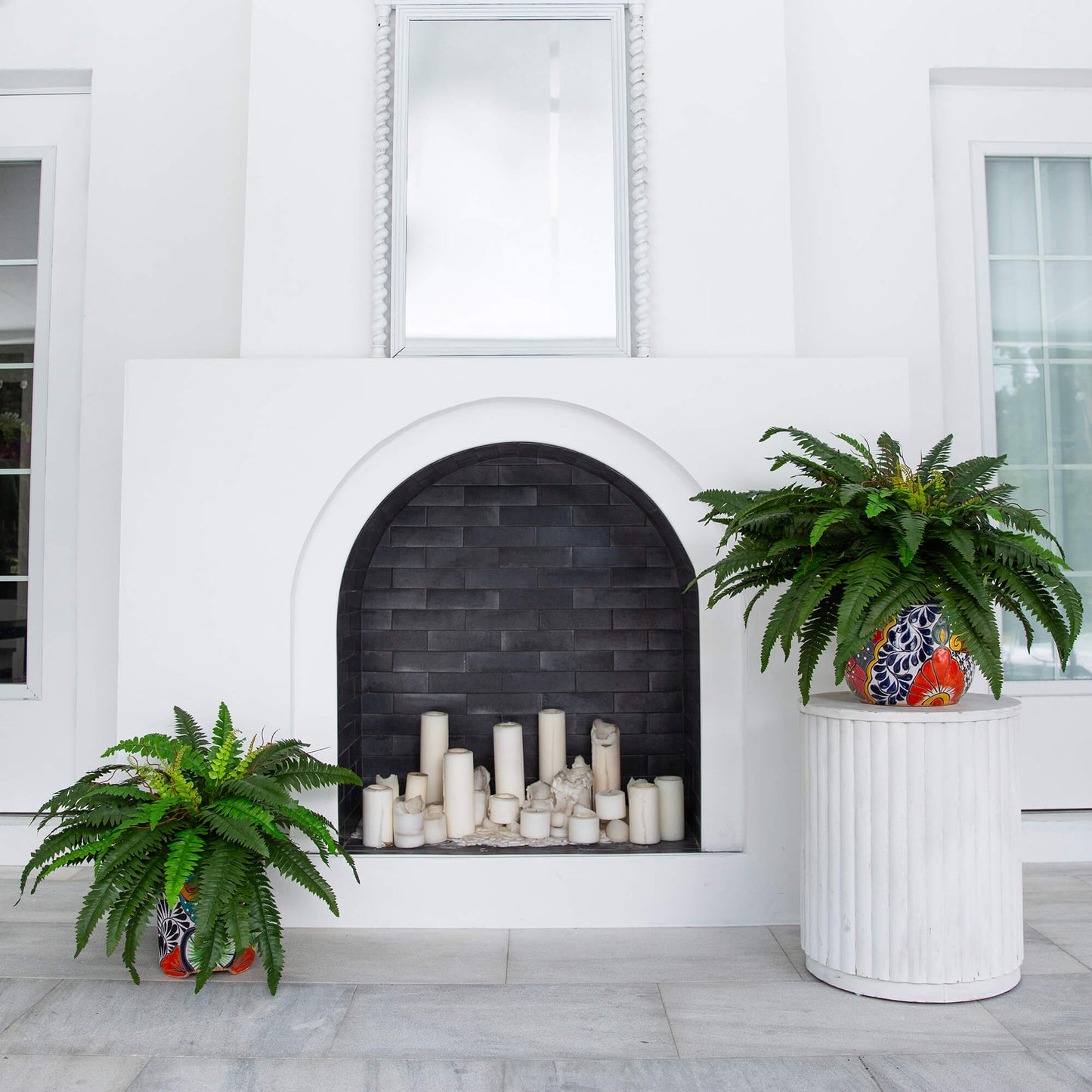 32-in Artificial Double Boston Fern in Handmade Mexican Talavera Ceramic Planter