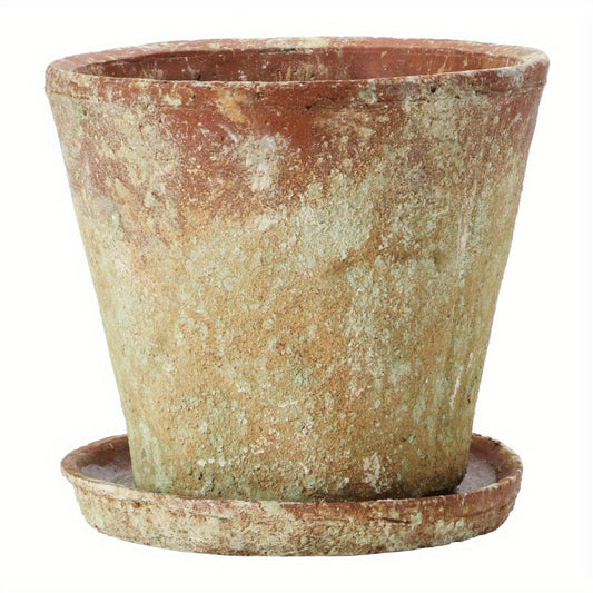 Round Cement Planter With Saucer And Distressed Finish