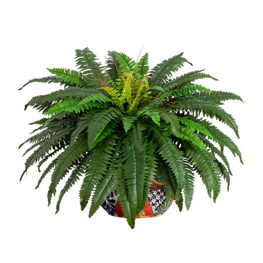 32-in Artificial Double Boston Fern in Handmade Mexican Talavera Ceramic Planter
