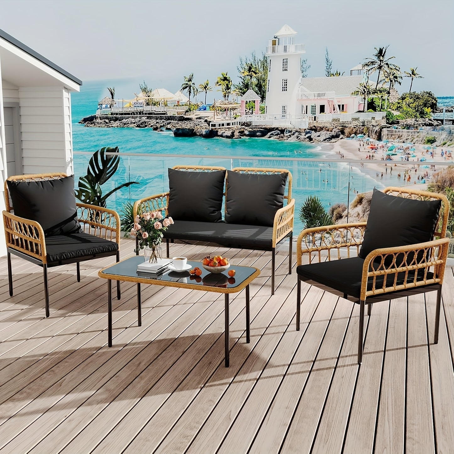 Tropow Outdoor Wicker Patio Conversation Set With Table