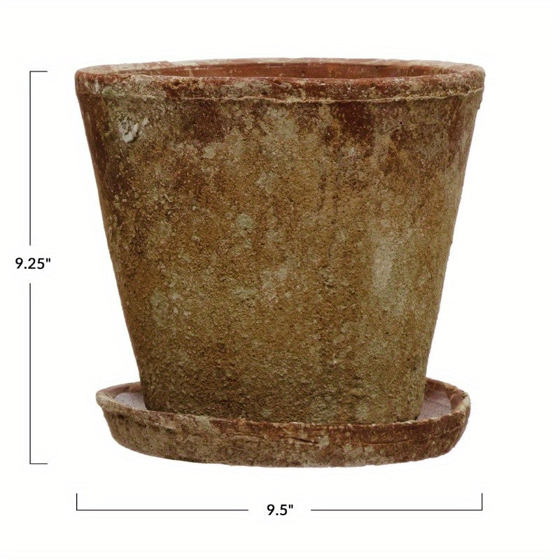 Round Cement Planter With Saucer And Distressed Finish