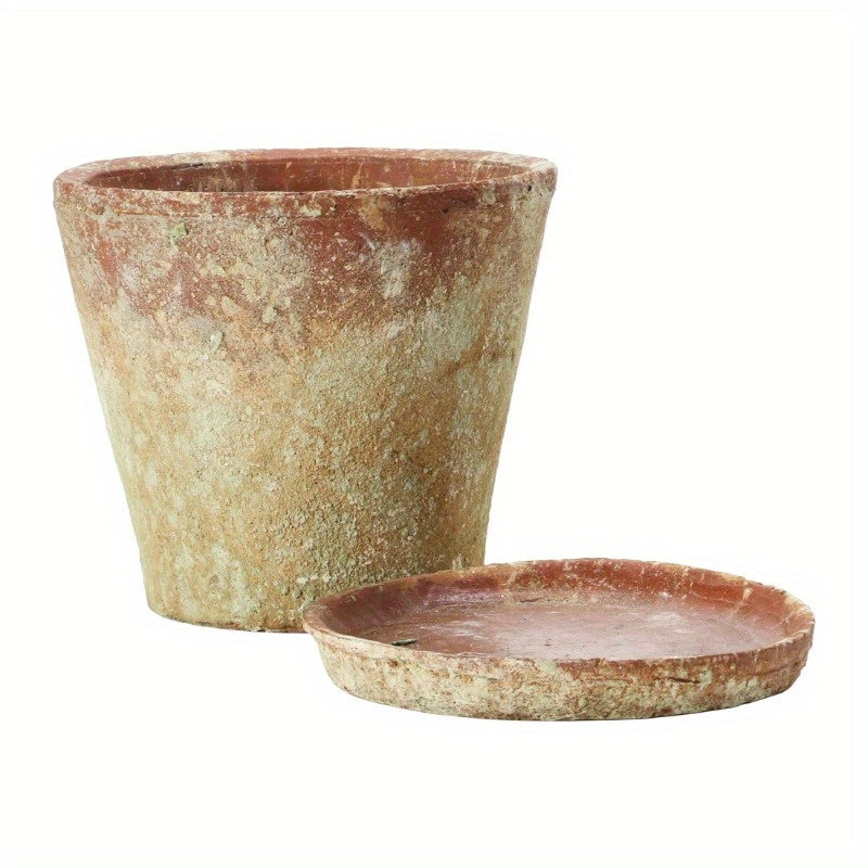 Round Cement Planter With Saucer And Distressed Finish