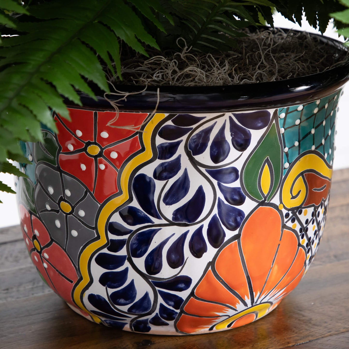32-in Artificial Double Boston Fern in Handmade Mexican Talavera Ceramic Planter