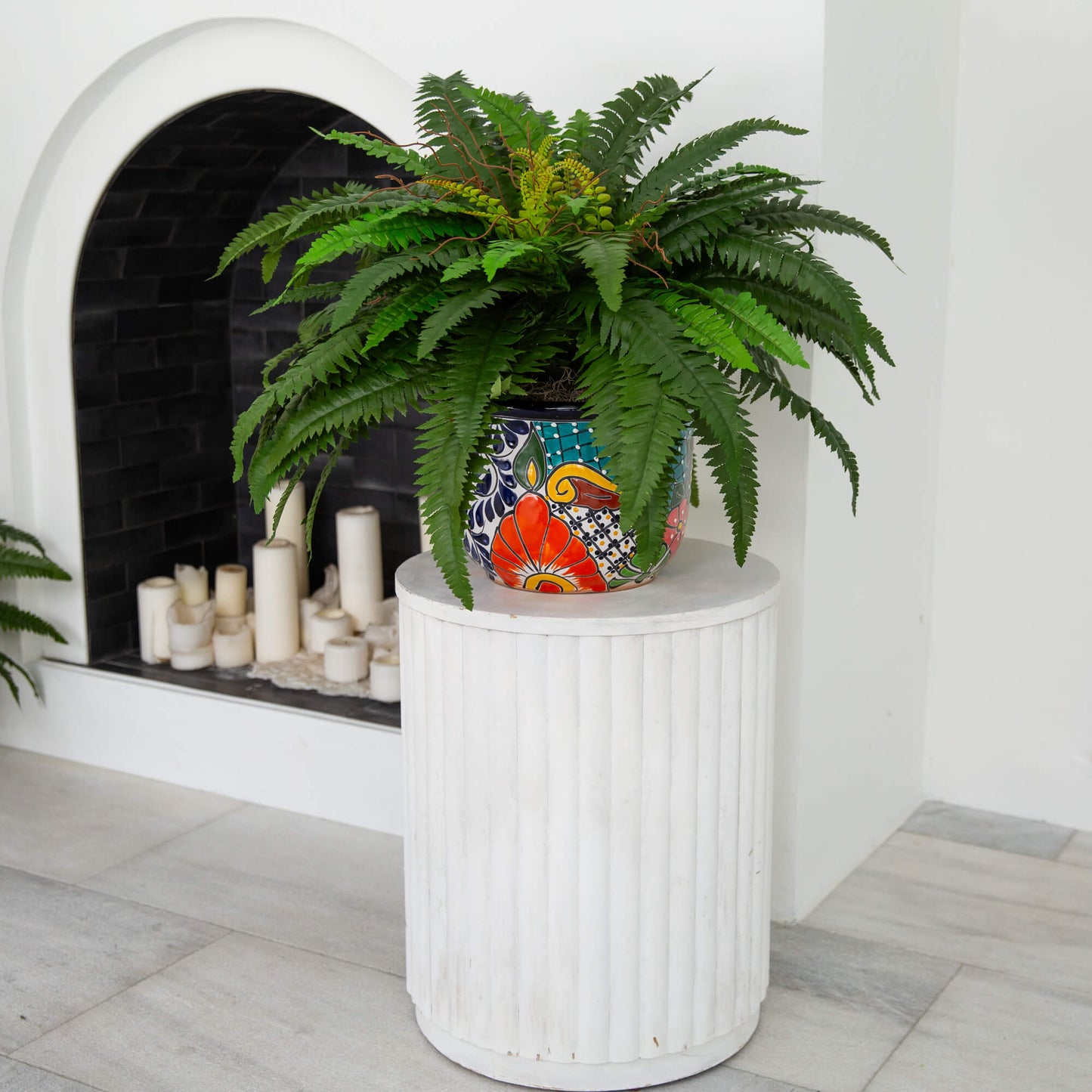 32-in Artificial Double Boston Fern in Handmade Mexican Talavera Ceramic Planter