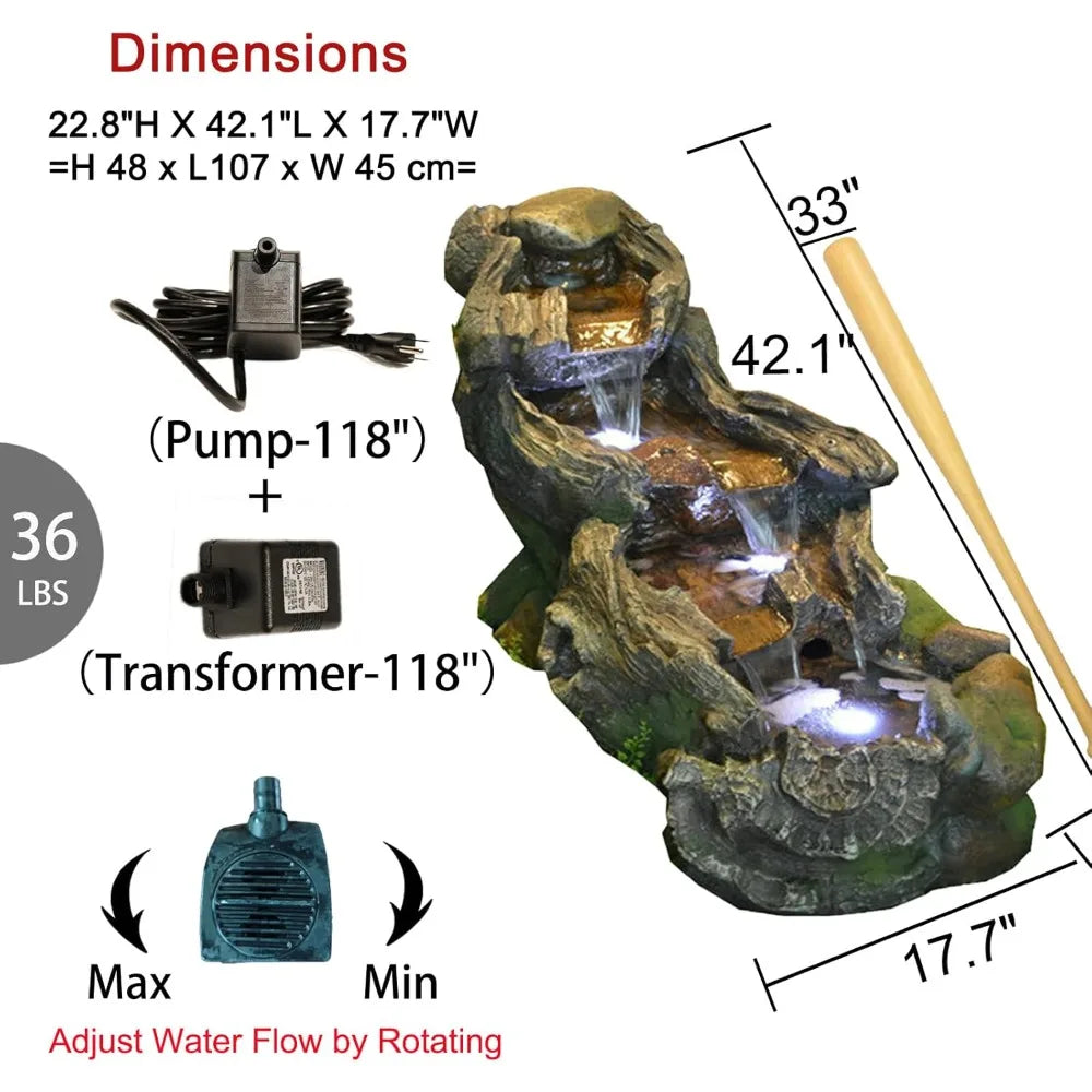Garden Outdoor Water Fountain - 42.1 Inches Cascading Tiered Wood River Outdoor Fountain with LED Lights and Pumps for Garden, P