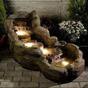 Garden Outdoor Water Fountain - 42.1 Inches Cascading Tiered Wood River Outdoor Fountain with LED Lights and Pumps for Garden, P