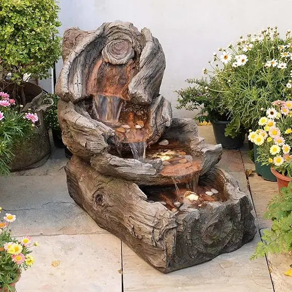 Garden Outdoor Water Fountain - 42.1 Inches Cascading Tiered Wood River Outdoor Fountain with LED Lights and Pumps for Garden, P