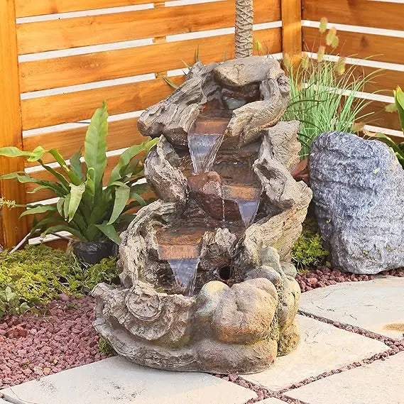 Garden Outdoor Water Fountain - 42.1 Inches Cascading Tiered Wood River Outdoor Fountain with LED Lights and Pumps for Garden, P
