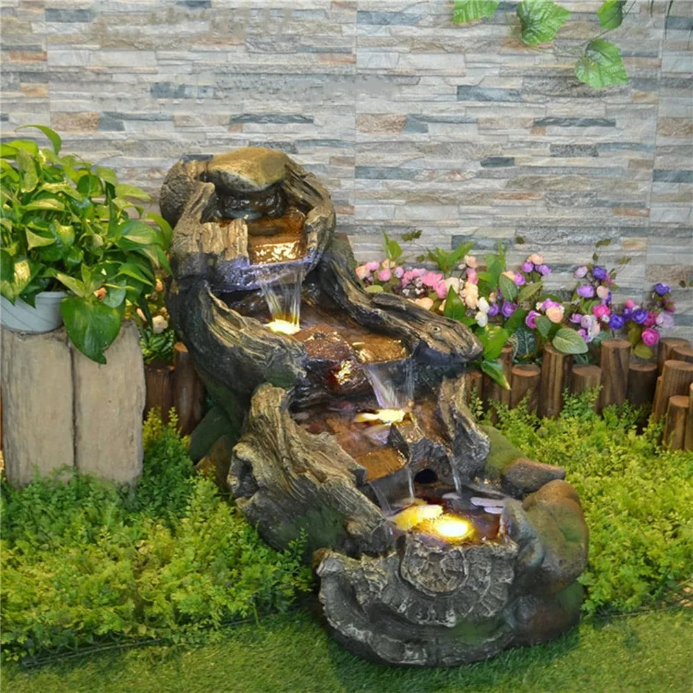 Garden Outdoor Water Fountain - 42.1 Inches Cascading Tiered Wood River Outdoor Fountain with LED Lights and Pumps for Garden, P