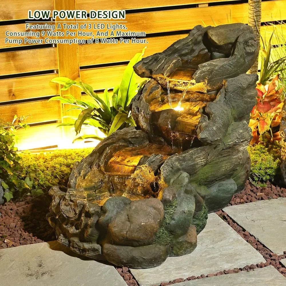 Garden Outdoor Water Fountain - 42.1 Inches Cascading Tiered Wood River Outdoor Fountain with LED Lights and Pumps for Garden, P
