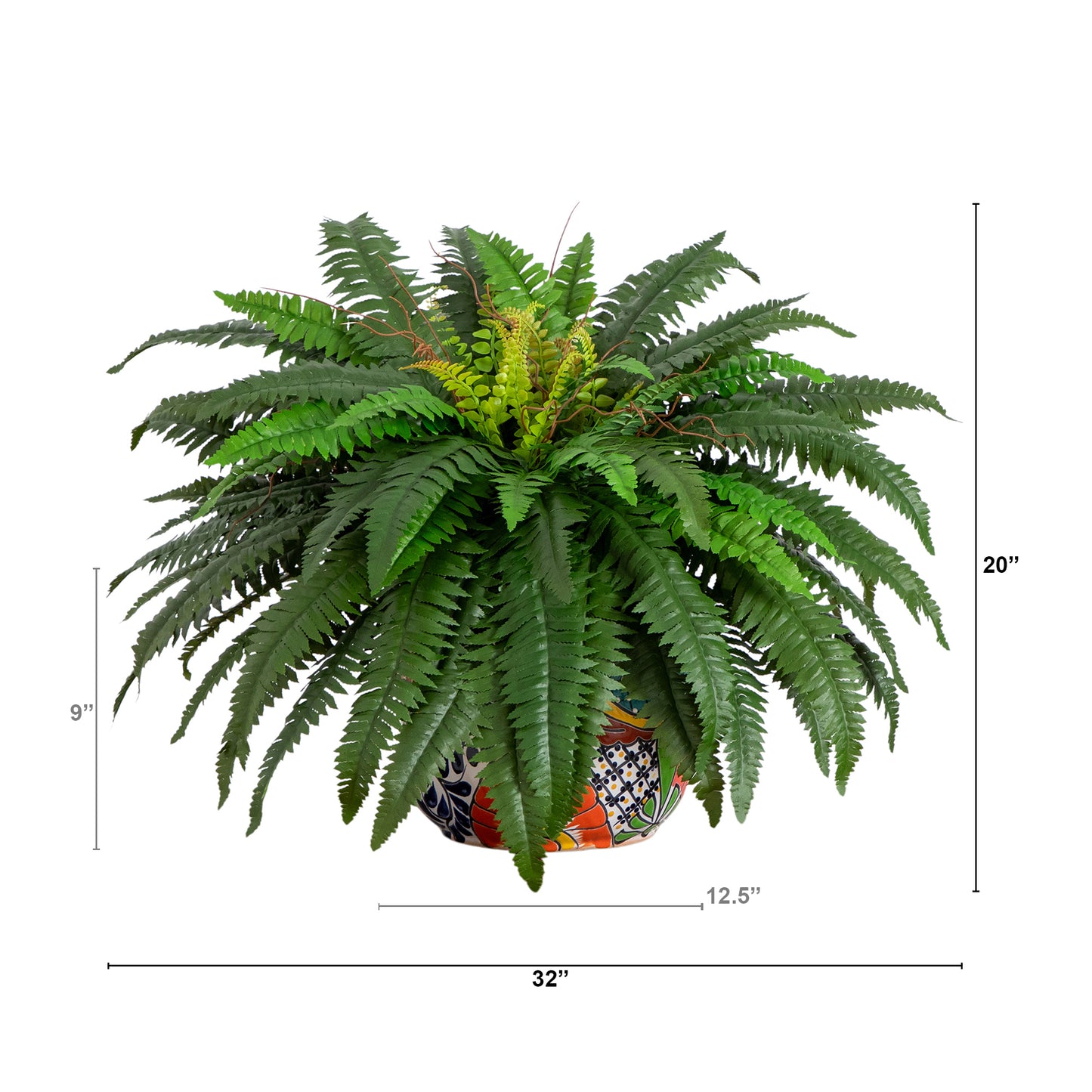 32-in Artificial Double Boston Fern in Handmade Mexican Talavera Ceramic Planter