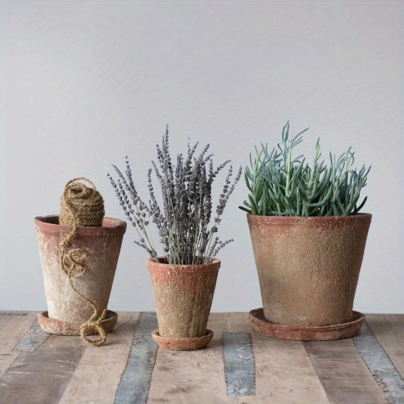 Round Cement Planter With Saucer And Distressed Finish