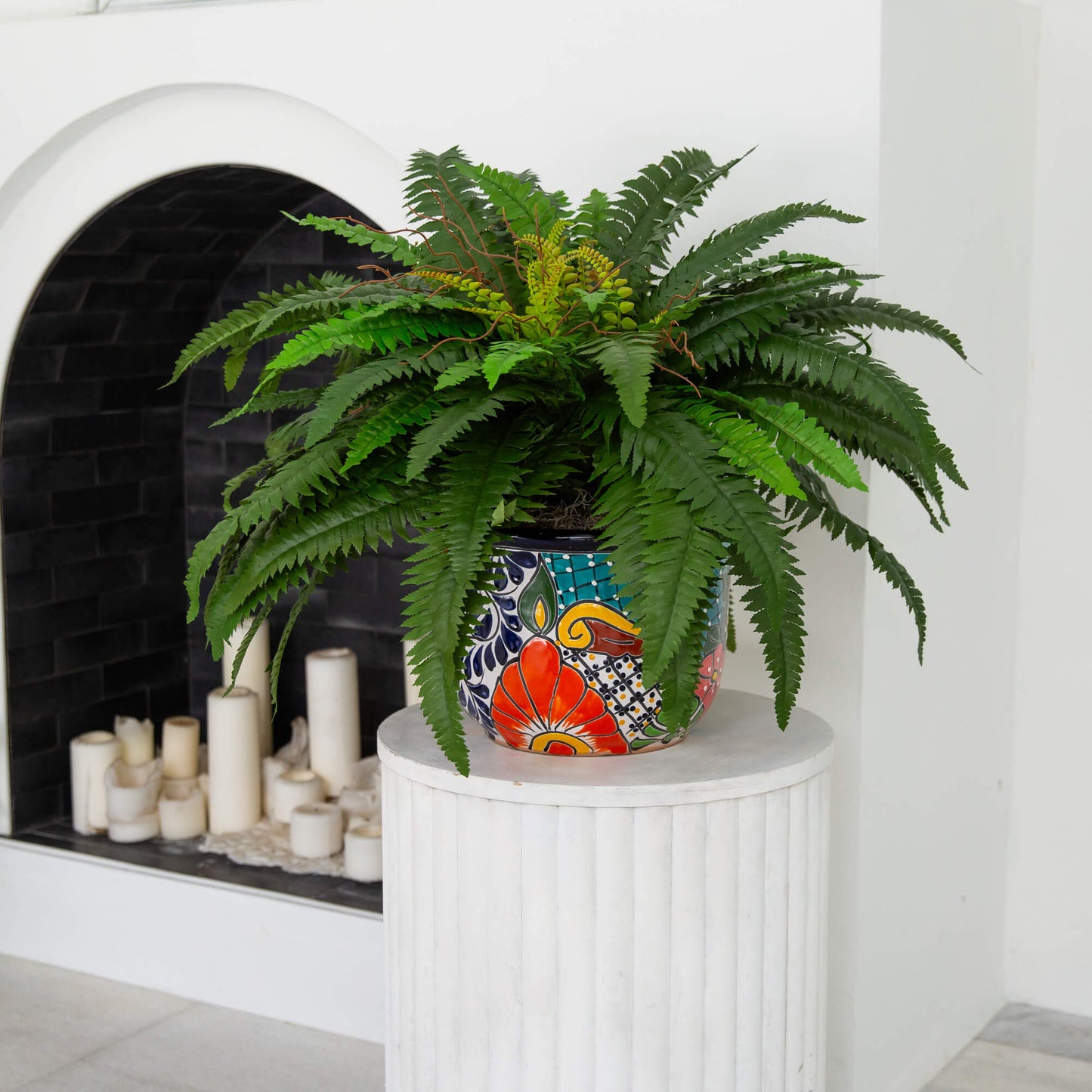 32-in Artificial Double Boston Fern in Handmade Mexican Talavera Ceramic Planter